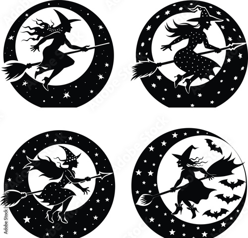 Halloween witch silhouettes flying on broomsticks with bats and moon illustrations set
