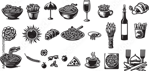 Italy icon vector set, hand drawn Italian traditional culture doodle, landmark object illustration. Eatery menu brushstroke sign, summer vacation trendy print, wine glass, pasta. Italy icon food kit