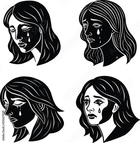 Illustration of four crying women faces in black and white style