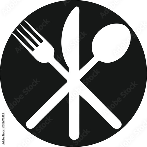  A solid black icon of a fork, knife, and spoon standing vertically, side by side."
