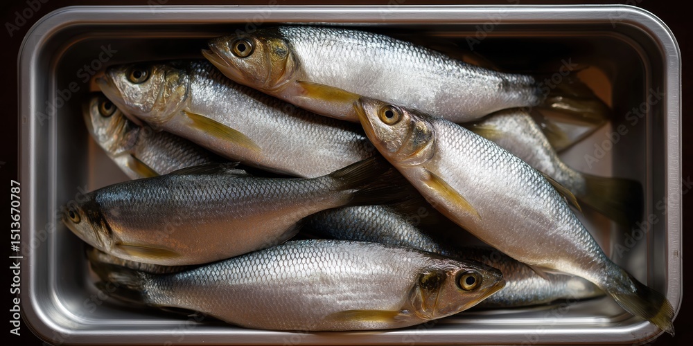 Fototapeta premium A tray of fish is shown with a lot of detail. The fish are all different sizes and shapes, and they are all in a row. The tray is silver and has a shiny appearance