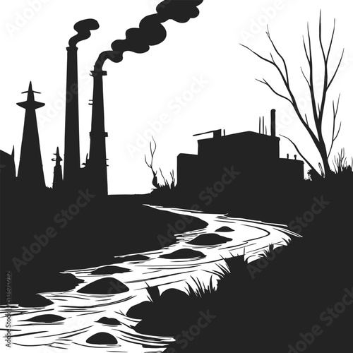Industry water river pollution vector silhouette