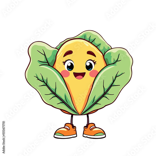 Cute Cabbage Illustration Sticker with Smiling Face and Legs Wearing Shoes Good Food