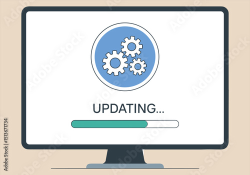 Vector illustration of computer monitor with updating progress bar and gear icons - computer, monitor, updating, progress bar, gears, vector, technology, software, loading, interface.






