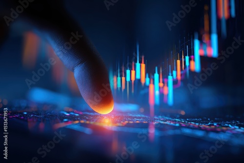 Finger Touching Digital Graph with Colorful Candlestick Charts for Analysis