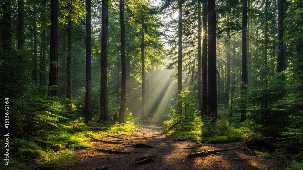 Fototapeta premium Sunlit woodland path, enveloped in a serene and enchanting atmosphere