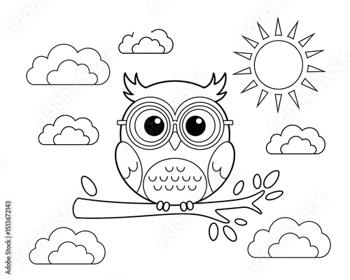 Whimsical owl wearing glasses sitting on branch with sun and clouds outlined for creative coloring projects photo
