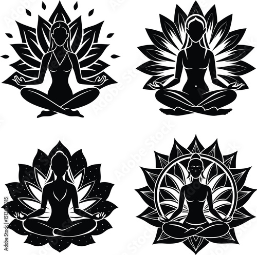 Black and white set meditating woman lotus pose on lotus flower background