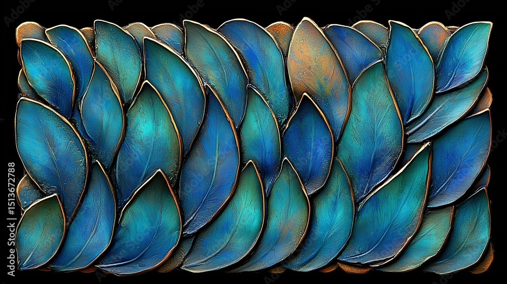 Fototapeta premium Blue - Green Metallic - textured Leaf Decorative Pattern, for Interior Decoration, Art Illustration, Brand Packaging, Web Interface Design, Fashion Matching, Creative Background