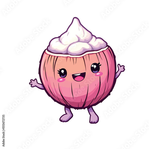 Cute Coconut Dessert Kawaii Character Sticker Illustration with a Sweet Treat