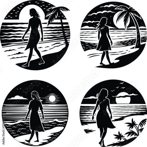 Woman silhouette beach walk collection tropical evening graphic design