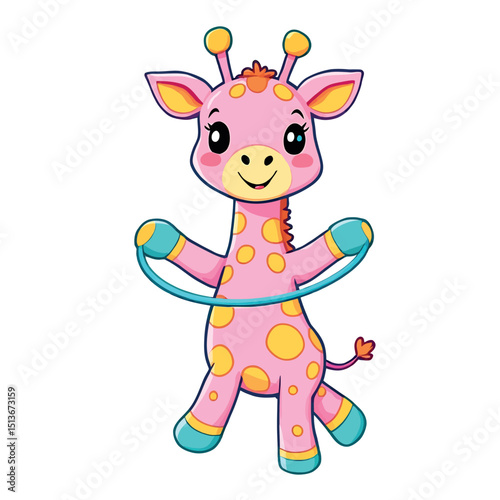 Playful Pink Giraffe Illustration Sticker with Hula Hoop for Kids and Toddlers