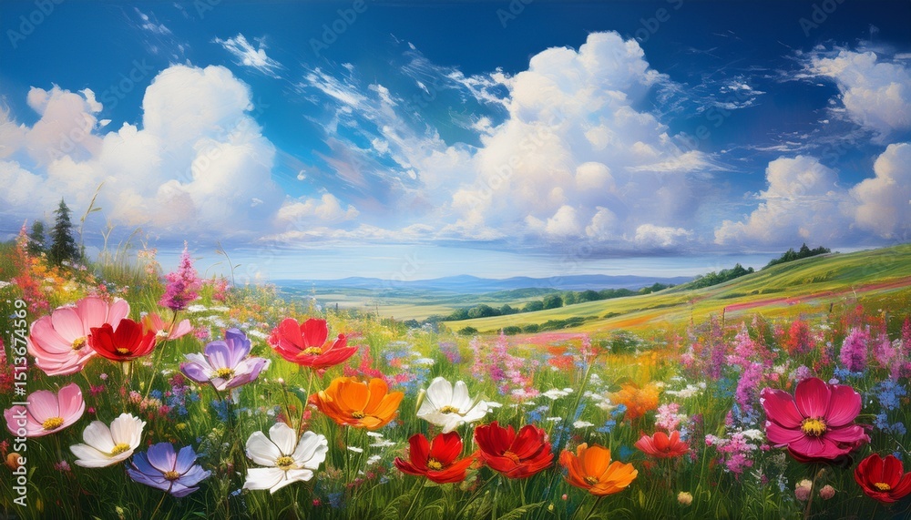 Fototapeta premium landscape painting colorful flowers in field under beautiful clouds