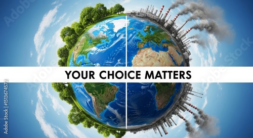 Earth's Crossroads: A visual metaphor of environmental balance, contrasting a vibrant, thriving side with a polluted, degraded counterpart, accompanied by the imperative 