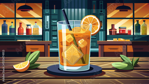 Bourbon and ginger lemonade served with ice in a glass on a bar