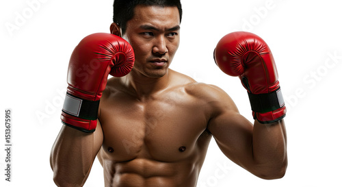 Muscular Asian Boxer Poses with Red Boxing Gloves against a Black Background