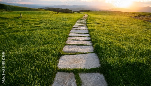 tranquil stone path lush green grass field wide angle candid photography nature walkway peaceful scene