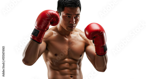 Muscular boxer with red gloves in fighting stance against a dark background