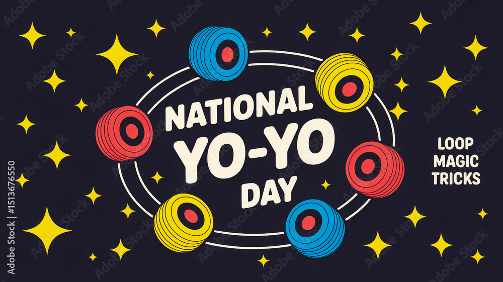 Fototapeta premium A stylized illustration celebrating National Yo-Yo Day with a dark navy blue background decorated with yellow stars