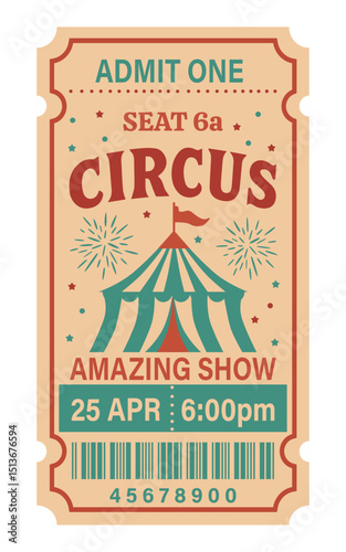 Circus ticket. Vector flat vertical ticket in vintage style, simple style, red, blue, beige pastel color palette