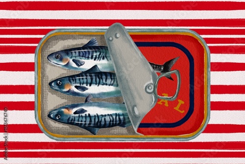 illustration of Canned food, canned fish red, sardines, mackerel, hand drawn, poster, print, summer, tropical, vintage