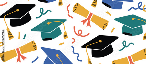 Graduation Celebration Pattern Caps, Diplomas, and Confetti