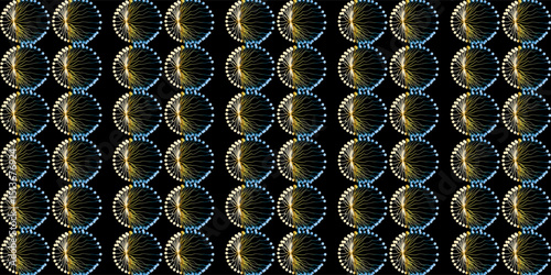 Abstract futuristic visualization featuring two symmetrical circular node structures with colorful connecting lines on a black background. Perfect for tech,, or digital science-themed designs. eps 10