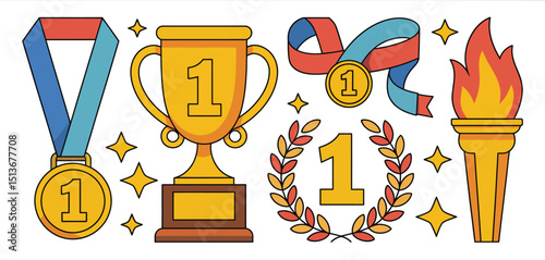 First Place Winner Awards Collection Trophies, Medals, and Laurel Wreath