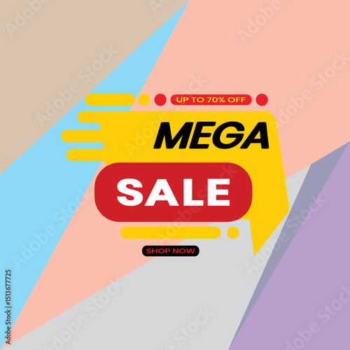 Bold, yellow dynamic design elements contain text promoting a "Mega Sale," featuring offers of "Up to 70% off.
