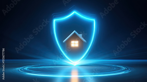 A glowing shield protects a miniature house with illuminated symbolizing home security and safety in a technologically advanced digital environment.