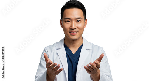 Portrait of a friendly Asian doctor in a white coat with open arms, smiling warmly.