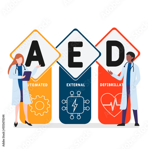 AED - automated external defibrillator acronym. medical concept background. vector illustration concept with keywords and icons. lettering illustration with icons for web banner, flyer, landing