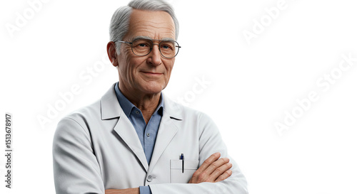 Portrait of a senior doctor with glasses and a lab coat looking at the viewer