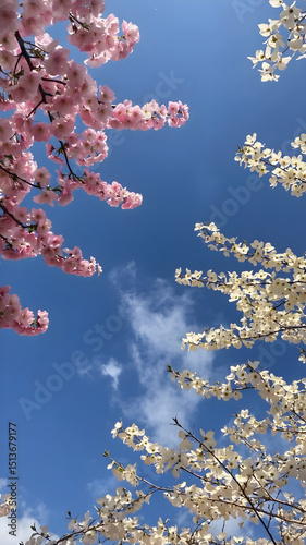 Pink cherry blossoms and white dogwood flowers against a blue sky