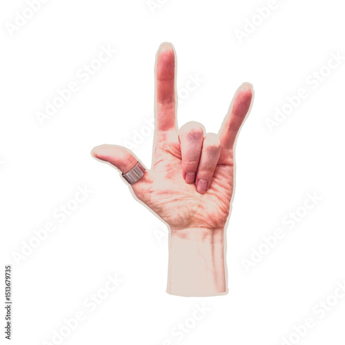Trendy halftone collage of woman hand rocker cut out an old newspaper. Isolated vector illustration colorful retro sticker of gesture ILV with Dots texture. Vintage aesthetic, 90s vibe, nostalgic