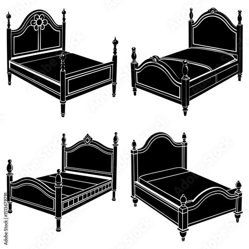 Collection of four poster beds with decorative headboards in a black and white vector illustration