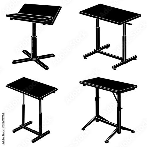 Illustration showing four different adjustable height tables in a simple black and white style drawing