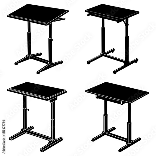 Four adjustable height tables with black tabletops and stands presented in a patterned arrangement