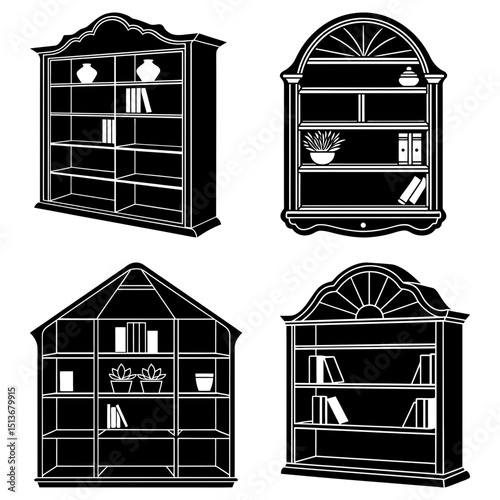 Collection of four different styles of bookshelves in black and white silhouette illustration design