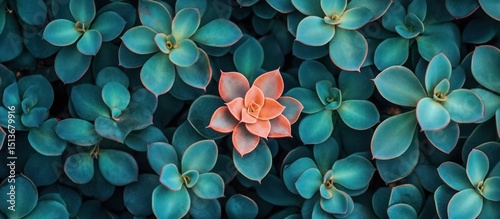 Contrast and Harmony: Teal Succulents with a Central Rosy Bloom, Botanical Beauty