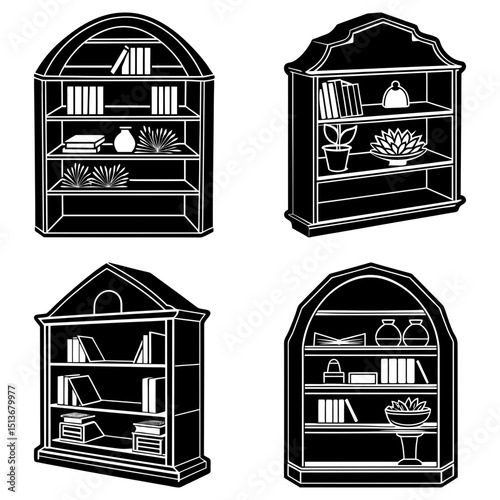 Four different styles of black and white bookshelves filled with books and decorative items displayed