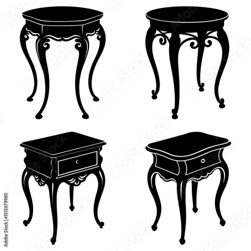 Four antique tables with different designs and shapes in black silhouette on a white background art design