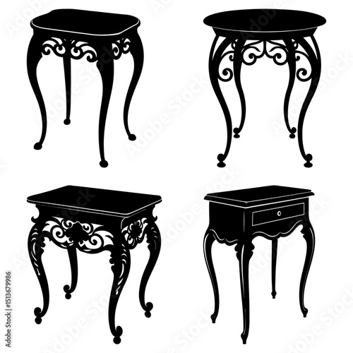 Illustration of four antique tables with decorative legs and ornate designs in black silhouette style art