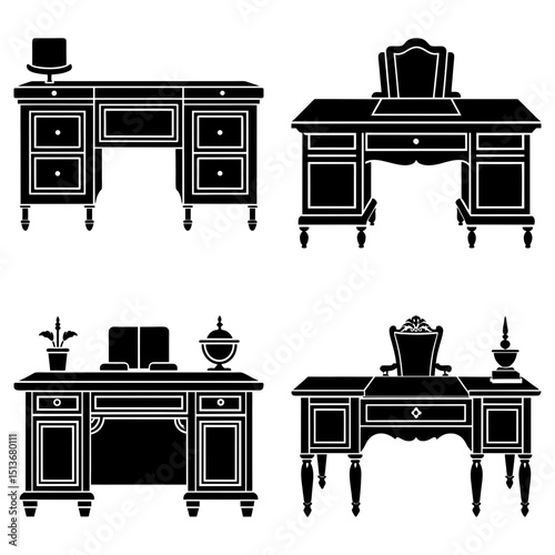 Collection of four ornate desks with various decorations and chair styles in black and white drawing