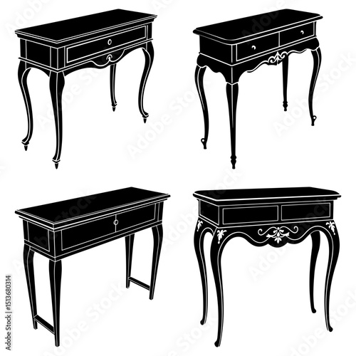 Four antique tables with drawers and cabriole legs in black and white vector illustration style art is shown