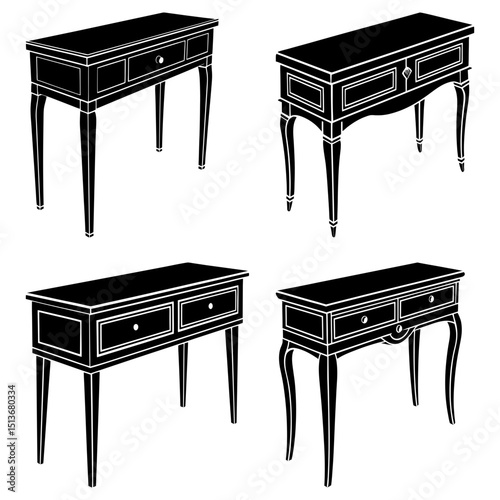 Four black and white illustrations of antique console tables with drawers and curved legs design