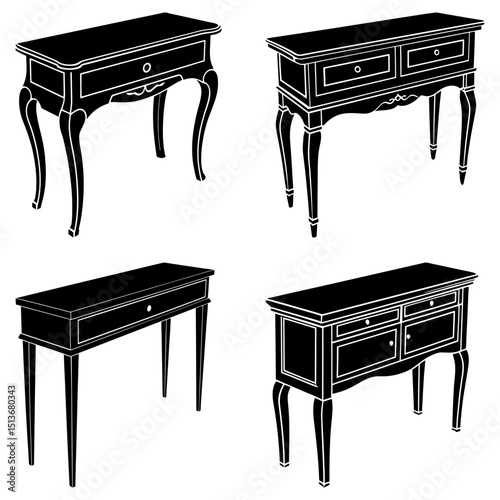 Four black and white console tables with drawers and decorative legs in various styles and orientations