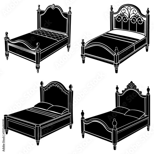 Four ornate beds with decorative headboards and footboards in a black and white illustration style