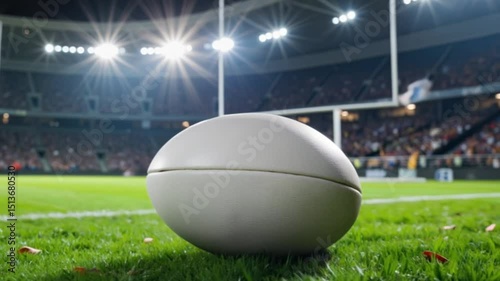 Rugby ball on the grass field in a stadium during a night match  