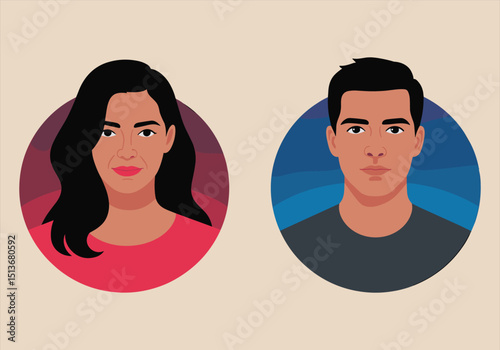 Vector illustration of man and woman avatars with dark hair and colored circle backgrounds - man, woman, avatars, vector, portrait, illustration, face, people, profile, colorful.